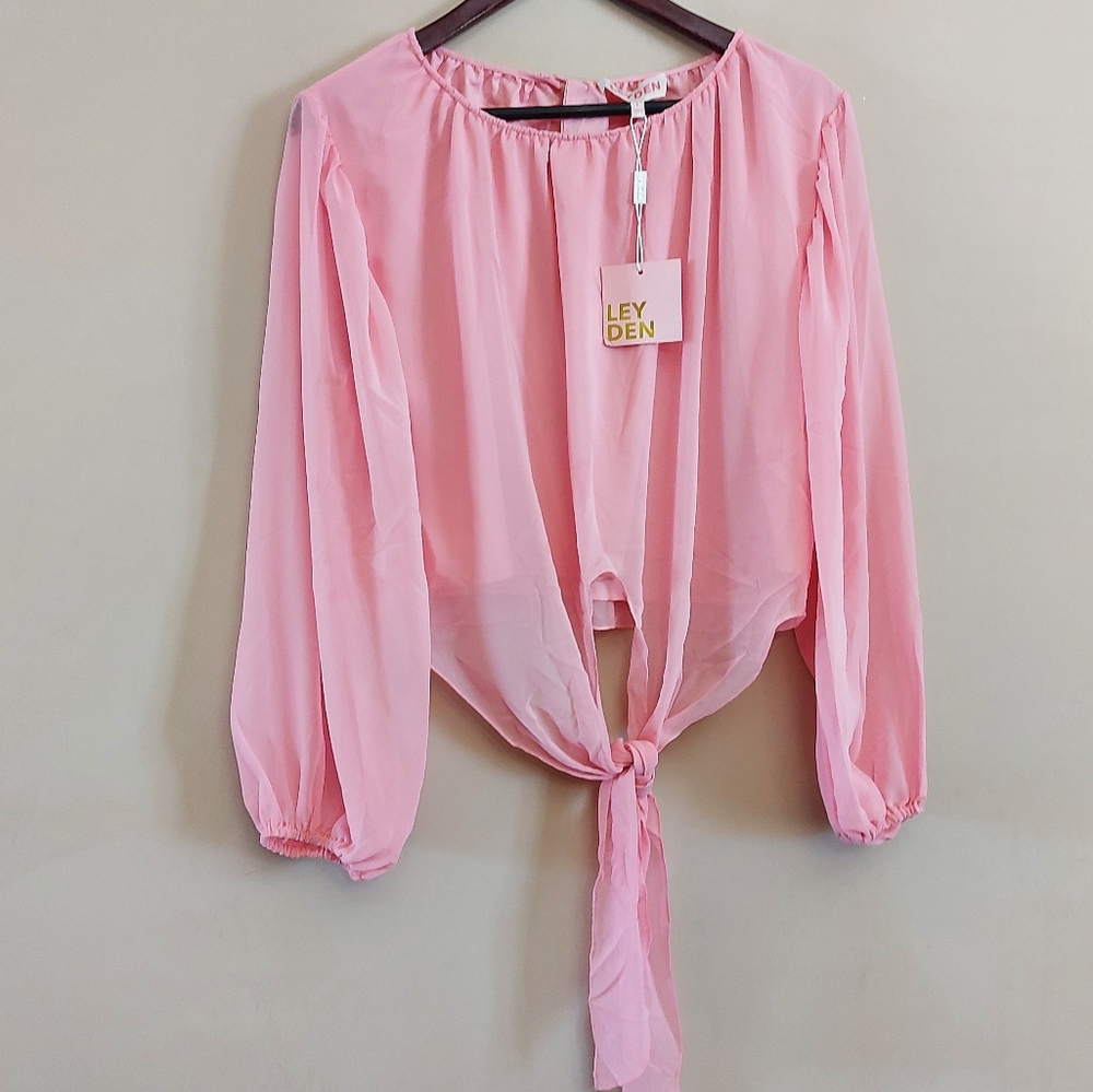 Leyden blouson sleeve and knotted waist blouse Pink Size Small